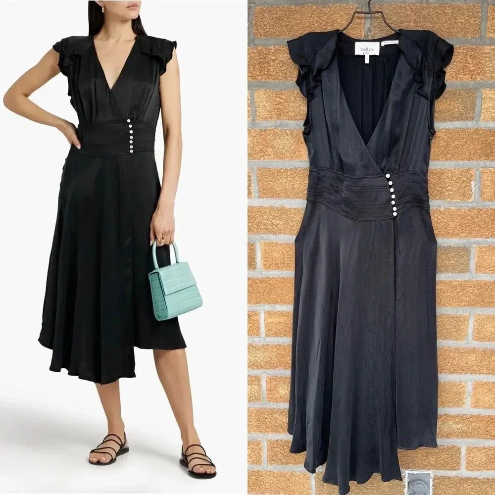 BA&SH Coralie ruffled crinkled cupro-blend midi dress medium
